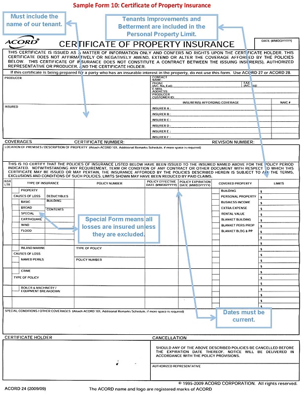 Sample Form 10: Certificate of Property Insurance Enlarged